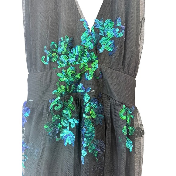 Love & Lemonade Maxi Gown Womens Black Green Sequin Double Slit Hollywood Glam - Picture 6 of 16